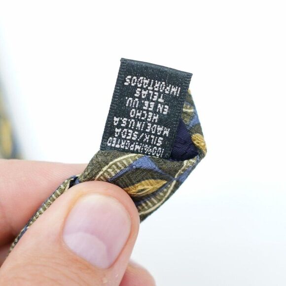 Claiborne Green Tan Blue Abstract Geometric Jacquard‎ Print Short Wide Silk Tie - Picture 4 of 5